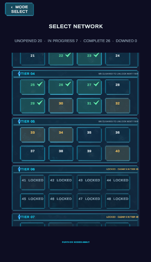 Campaign screen with puzzle numbers grouped into progression tiers