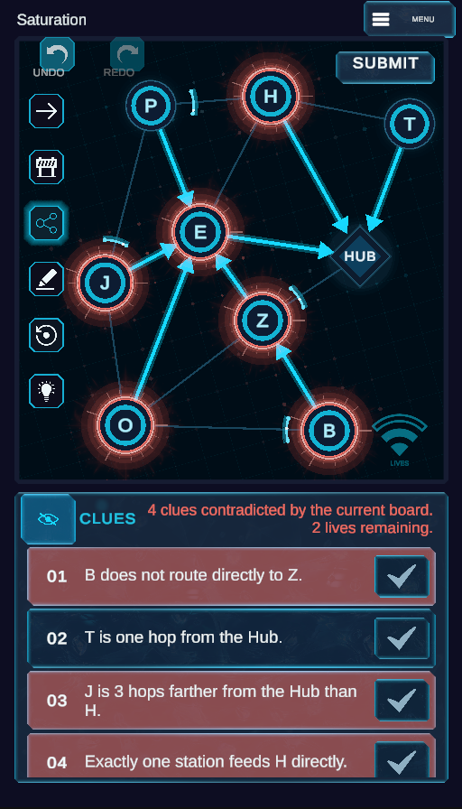 Puzzle network with highlighted connections and contradiction states