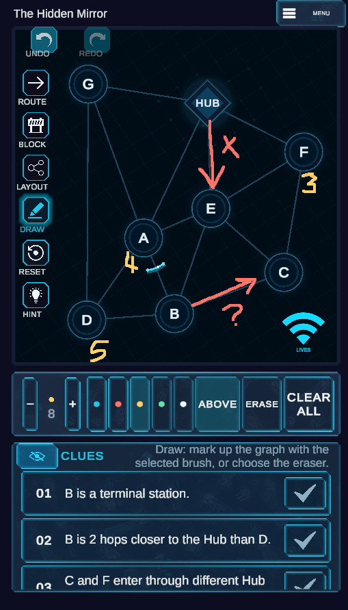 Signal State puzzle board with connected nodes and logical clues